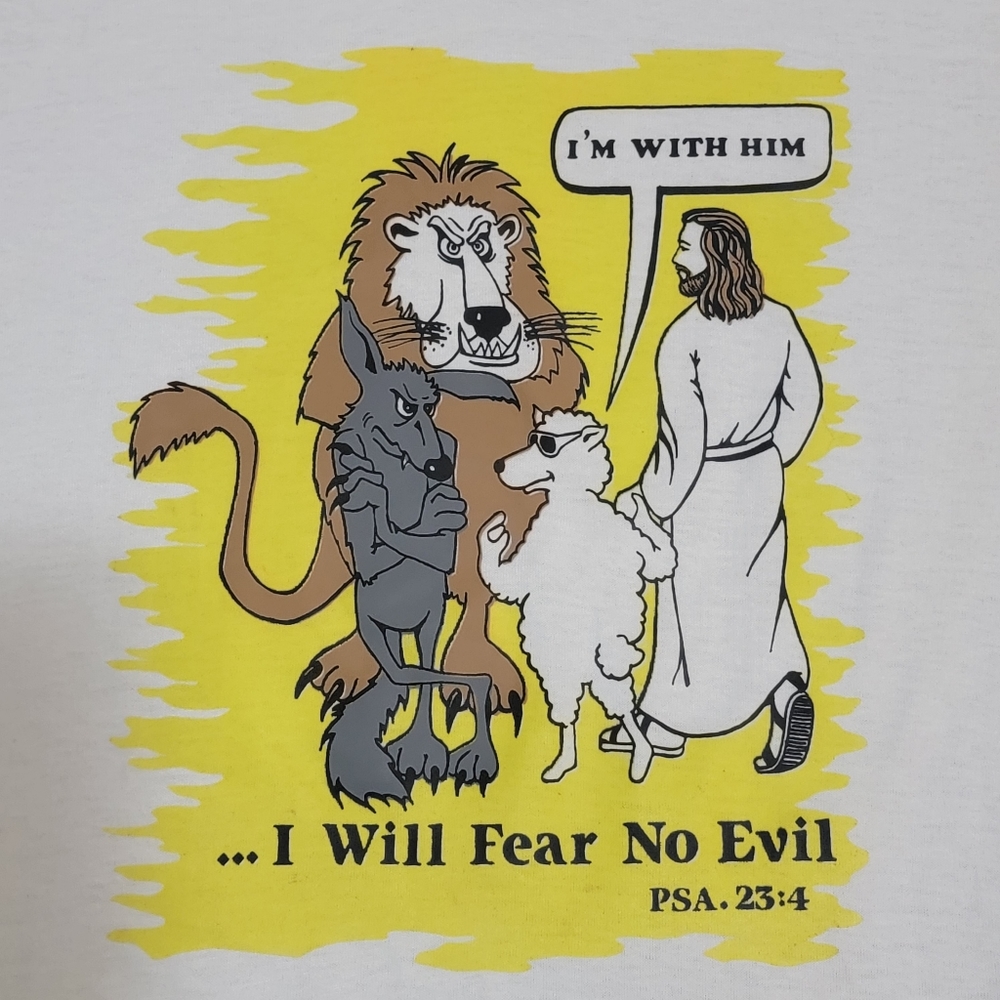 VTG I‎ Will Fear No Evil I'm with Him PSA 23:4 Jesus Cartoon Shirt Men's XL Rare